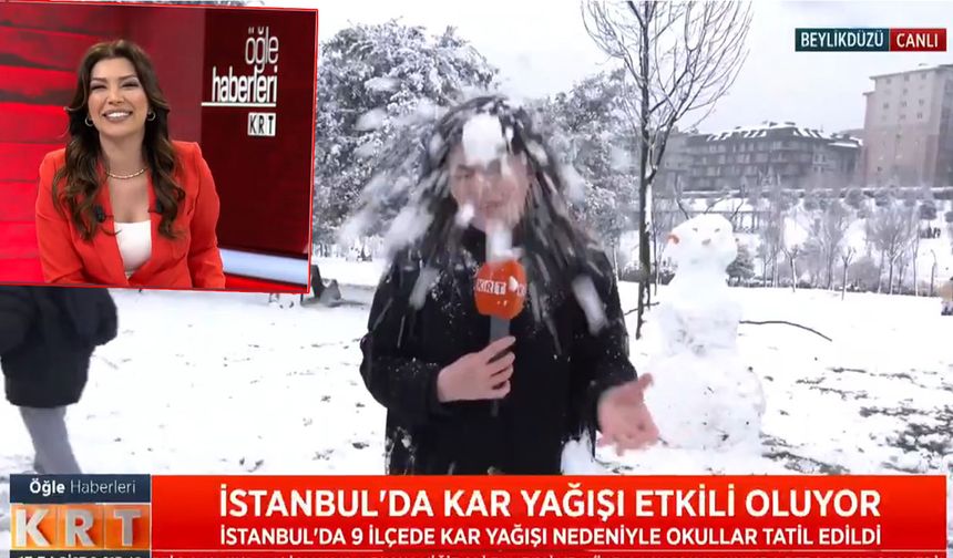 KRT TV’de eğlenceli anlar! Muhabirin suratına kar topu isabet etti